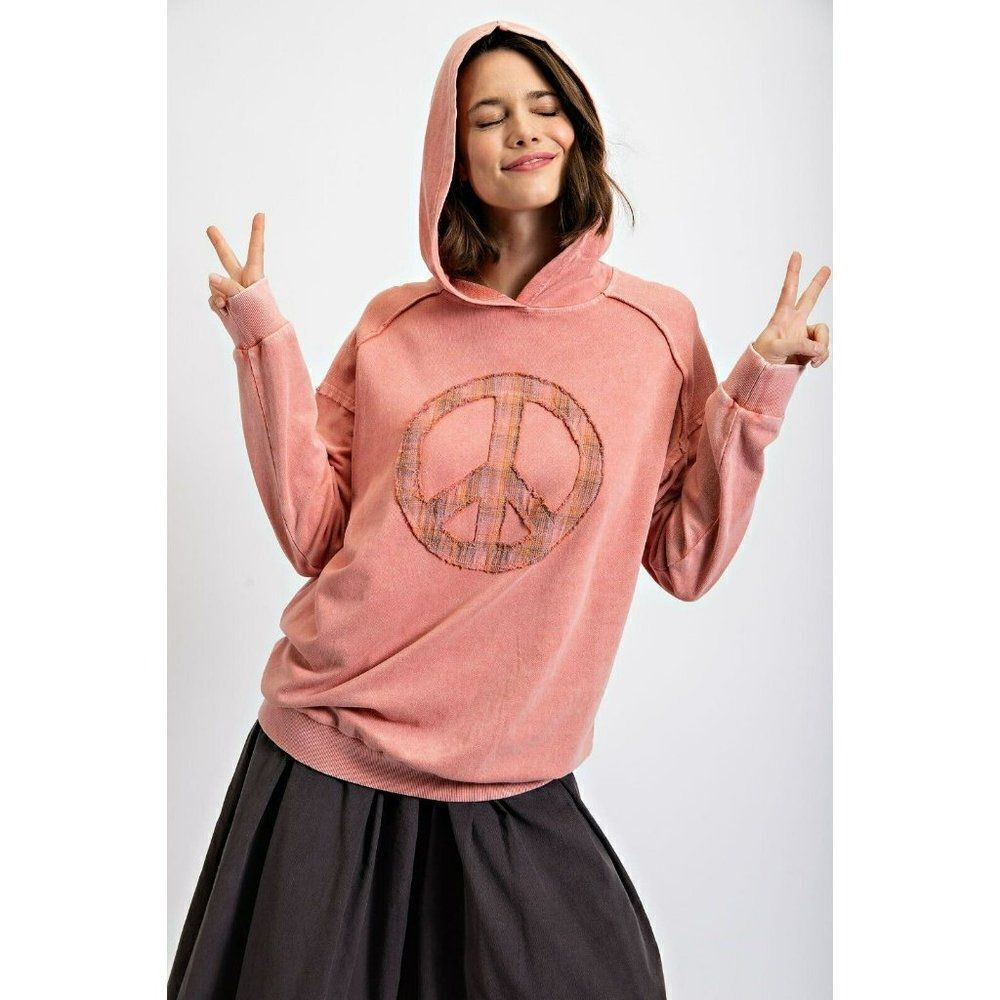Easel Peacemaker Washed Terry Knit Pullover Hoodie in Coral ET22682
